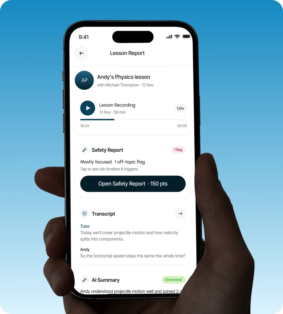 A lesson report in the Mualimi app: recording, safety report, transcript and AI summary