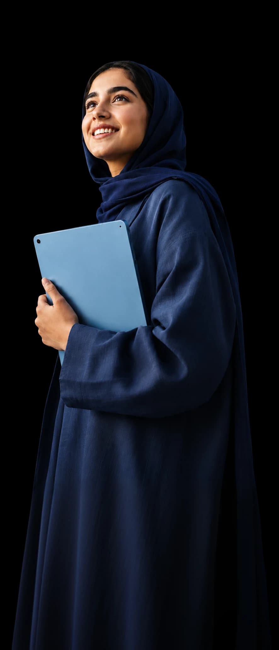 A Mualimi tutor holding a laptop