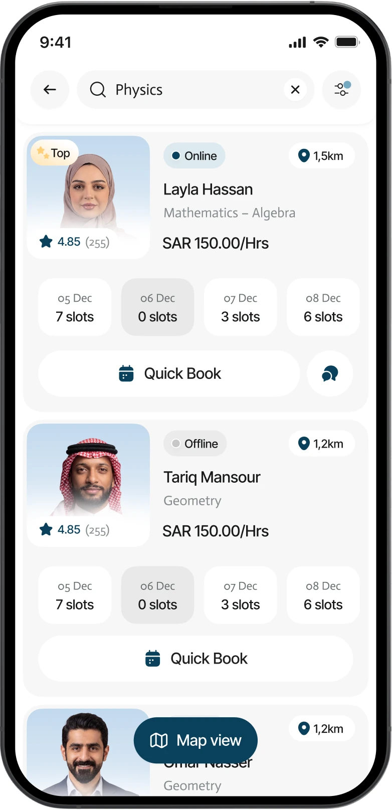 The Mualimi app showing verified tutors near you on a map
